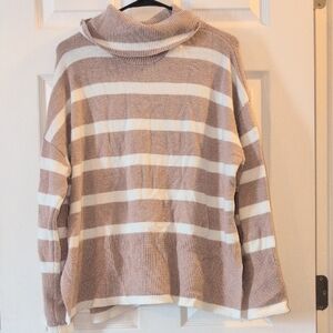 Cozy Striped Tan and White Turtleneck Sweater